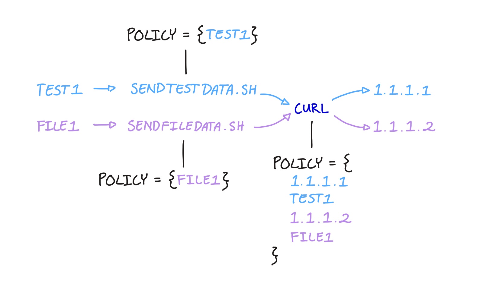 curl’s policy includes 1.1.1.1, test1, 1.1.1.2, and file1 because both scripts call it