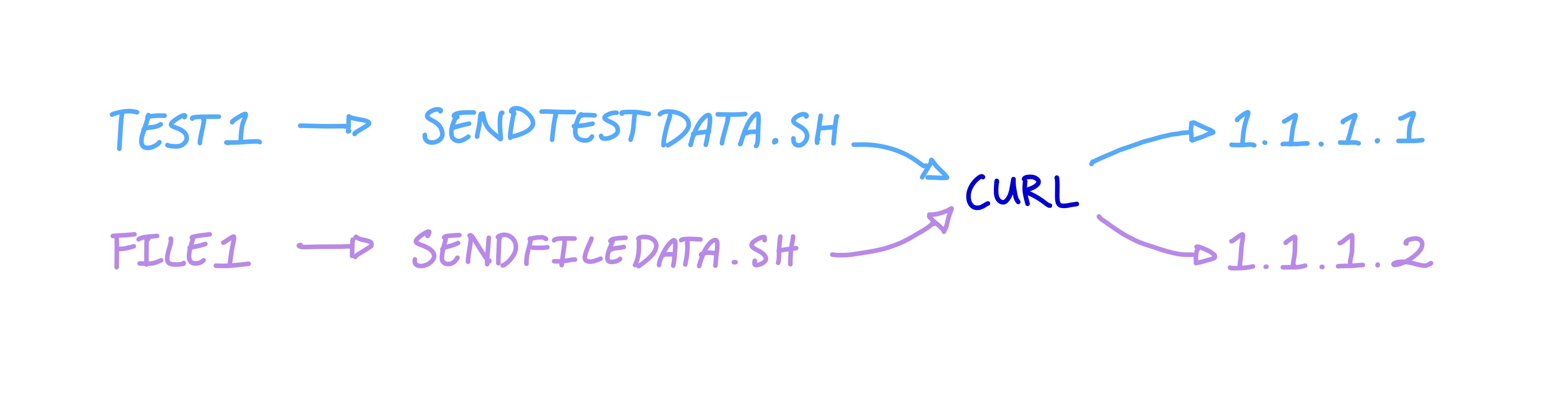 test1 flows through sendTestData.sh into curl to 1.1.1.1, and file1 flows through sendFileData.sh into curl to 1.1.1.2